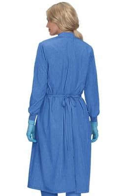 A clinical cover gown in light blue, featuring long sleeves, a tie waist, and a logo on the back.