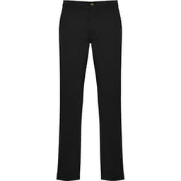 Black trousers with a straight-leg design and a button closure, featuring a simple branding logo.