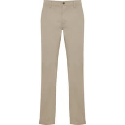 Beige trousers with a straight leg design, featuring a front button and a small branding logo.