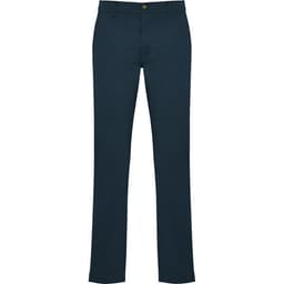 Navy blue trousers with a straight leg design, featuring a front button closure and a logo on the waistband.