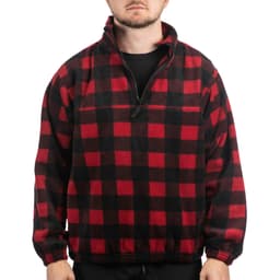 A red and black checkered 1/4 zip polar fleece pullover worn by a model, featuring a zippered neck and a casual fit.