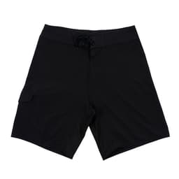 Men's black Tsunami stretch board shorts with a drawstring waist and side pocket. Features a logo on the design.