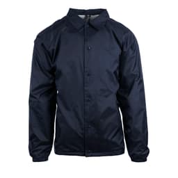 A navy blue Coaches Jacket with a collared neckline and button-up front, featuring long sleeves and a logo.