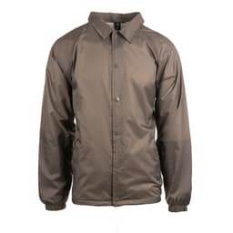 A brown coaches jacket with a collar and snap button closure, featuring elasticised cuffs and a simple design.