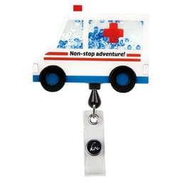 A novelty badge reel shaped like an ambulance, featuring blue and white colours with decorative sequins. It has a logo.