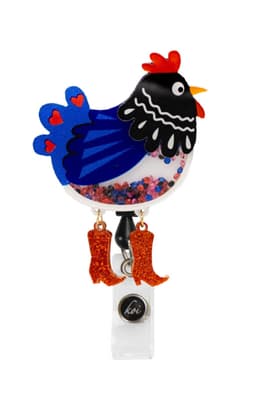 A hen-shaped badge with a blue body, black head, and red accents, featuring sparkly red boots and a logo.