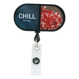 A shaker badge with a black and white design, featuring red and white crystals within a clear compartment and a logo.
