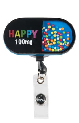 A blue and black shaker badge featuring colourful beads inside, attached to a clip with a branding logo.