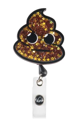 A glittery brown poop emoji badge with black outlines and a retractable clasp, featuring star accents and a logo.