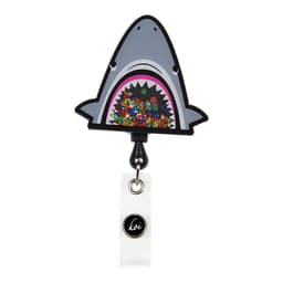 A shark-shaped badge reel featuring colourful sequins inside and a black and white lanyard attachment.