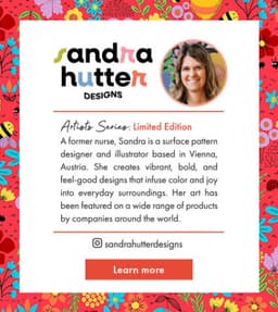 A vibrant floral background features a profile image of a designer, with text about limited edition artist series badges.