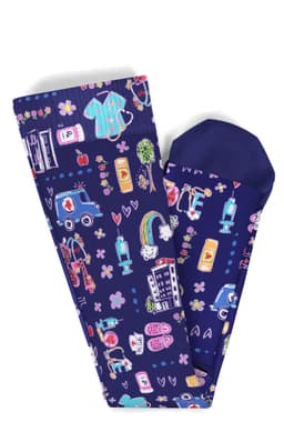 A pair of compression socks in navy blue with various colourful patterns, including medical and playful motifs.