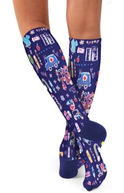 A pair of navy compression socks decorated with colourful patterns of medical-themed illustrations.