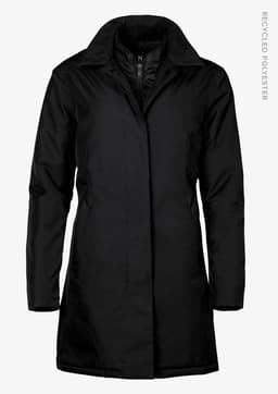 A black women's jacket with a collar and long sleeves, made from recycled polyester. It includes a logo.
