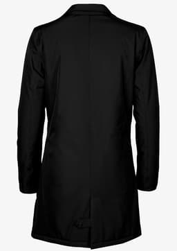 A black women's jacket featuring a sleek design and a back vent. Includes a logo on the fabric.