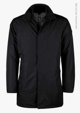 A black men's jacket featuring a collar and a logo, made from recycled polyester.