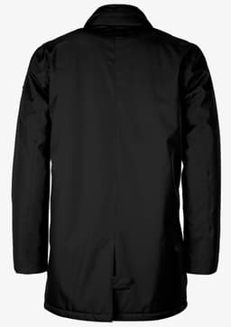 A black men's jacket viewed from the back, featuring a collar and a simple design with a logo.