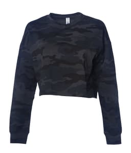 A women's cropped crew sweatshirt in a dark camouflage pattern with long sleeves. It features a logo.