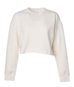 A women's crop crew in a light cream colour, featuring long sleeves and a relaxed fit. It has a logo on the garment.