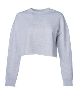 A women's cropped crew sweatshirt in light grey, featuring long sleeves and a relaxed fit. It has a logo on it.