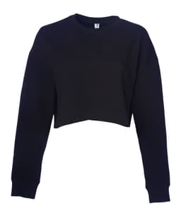 A black women's crop crew sweatshirt with long sleeves and a wide neck. It features a logo.