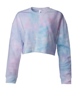 A women's crop crew sweatshirt in pastel tie-dye colours of pink, blue, and purple. The item features long sleeves and a relaxed fit.