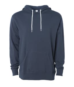 A unisex lightweight pullover hood in navy blue with a front pocket and white drawstrings. It features a logo.