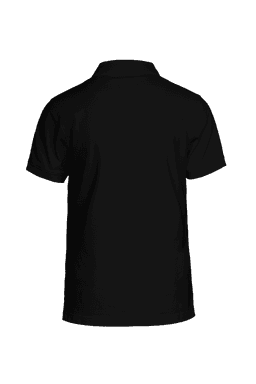 A black polo shirt featuring a collar and short sleeves, with a logo on the back.