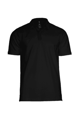 A black polo shirt with a collar, featuring a logo on the upper front.