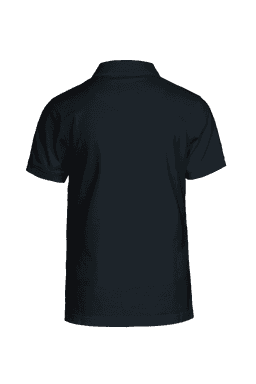 A dark navy polo shirt featuring a classic collar and short sleeves. The shirt has a plain design and includes a logo.