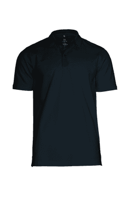 A navy polo shirt with a classic collar and short sleeves, featuring a logo on the chest.