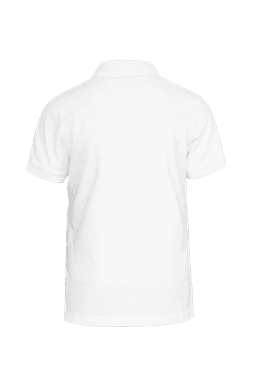 A white polo shirt with a standard collar and short sleeves, featuring a logo on the front.