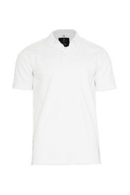 A white polo shirt featuring a collar and a logo on the label.