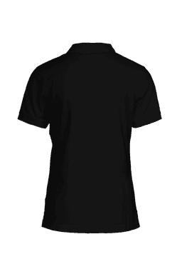 A black women's polo shirt with a classic design and short sleeves. It features a logo on the front.