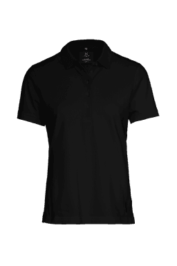 A black polo shirt for women featuring a classic collar and short sleeves, with a logo on the garment.