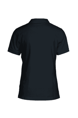 A dark navy women's polo shirt featuring a classic design and a logo on the collar.