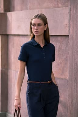 A navy women's polo shirt with a classic collar and buttons, paired with tailored dark trousers.