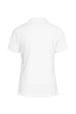 A white women's polo shirt with a classic design and a branding logo on the back.