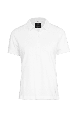 A white women's polo shirt with a collar and three buttons, featuring a logo on the label.