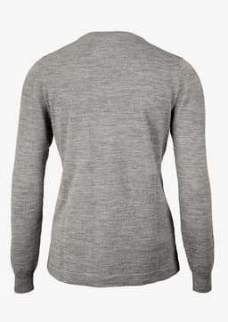 A grey women's jumper with long sleeves and a round neck. The back is plain with minimal detailing.