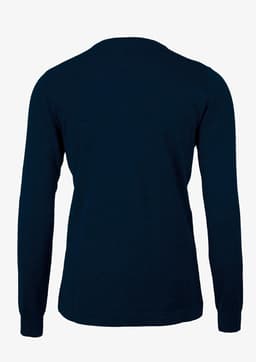 A navy blue women's jumper with long sleeves and a round neckline, featuring a logo.