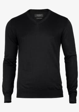 A black v-neck jumper featuring long sleeves and a fitted design. The item has a branding logo.