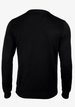 A black jumper sweater featuring a simple design with a rounded neckline and long sleeves, showcasing the back view.