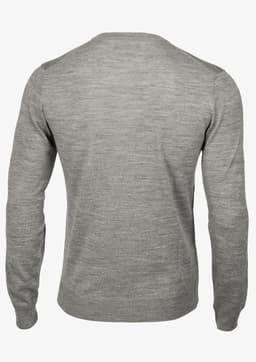 A grey men's knit sweater featuring a simple design and long sleeves, with a logo on the back.