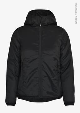 A black women’s jacket with a hood, featuring a zip front and side pockets, made from recycled nylon.