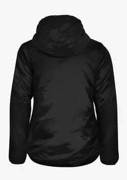 A black women's jacket with a hood, featuring a sleek design and a smooth fabric texture on the back view.
