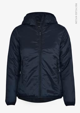 A navy women's jacket with a hood, featuring zippered pockets and made from recycled nylon.