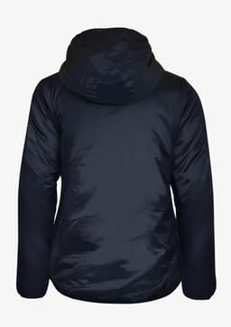 A women's jacket in navy blue, featuring a hood and a smooth, padded exterior. It has a logo on the back.