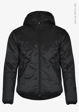 A black jacket with a hood, featuring a front zip and hand pockets, made from recycled nylon.