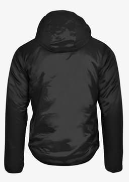 A black jacket with a hood, featuring a sleek, shiny finish and a branding logo on the back.